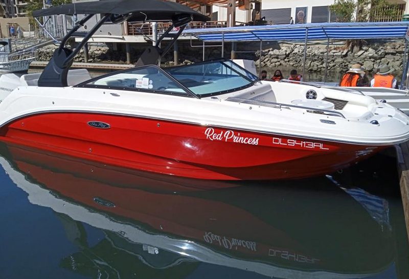 Red-hulled 27-foot Sea Ray tied up at a marina dock
